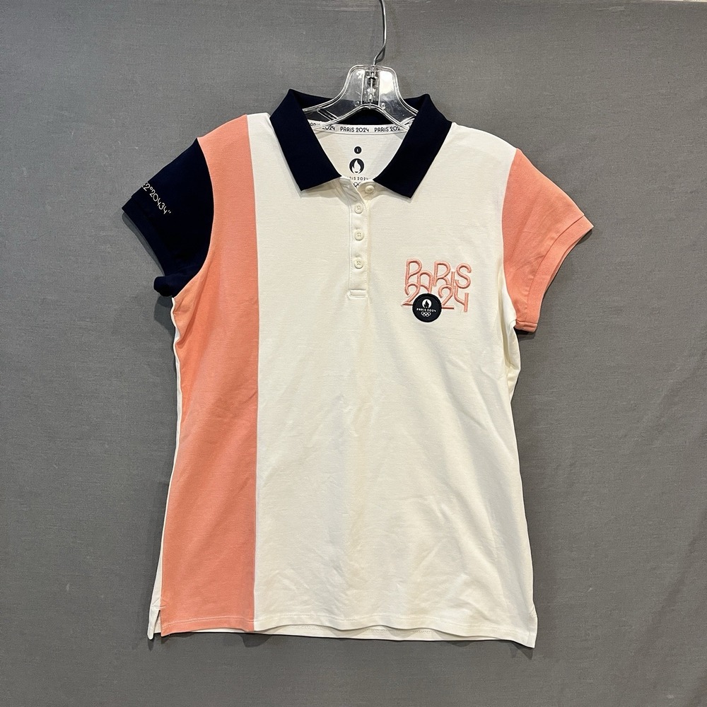 Paris 2024‎ Olympics Shirt Women's White Pink Blue Cap Sleeve Preppy Polo New